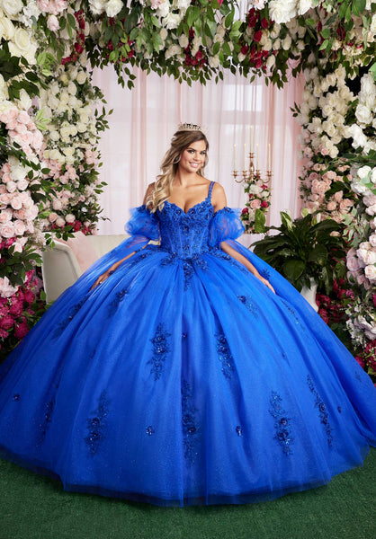 Three Dimensional Sequin Floral Quinceañera Dress with Fly Away Pouf Sleeves