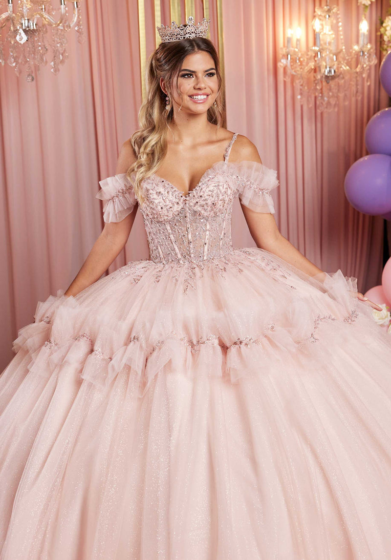 Tiered Ruffle Glitter Tulle Quinceañera Dress with Crystal Floral Embellishments