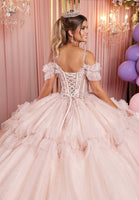 Tiered Ruffle Glitter Tulle Quinceañera Dress with Crystal Floral Embellishments