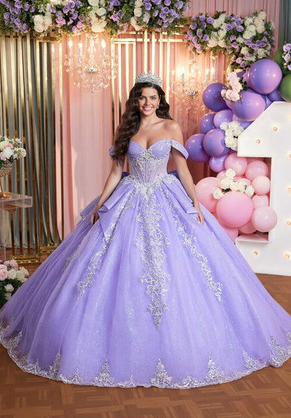 Glitter Pleated Quinceañera Dress with Cascading Peplum Overlay