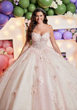 Embroidered and Three Dimensional Floral Appliquéd Glitter Tulle Quinceañera Dress