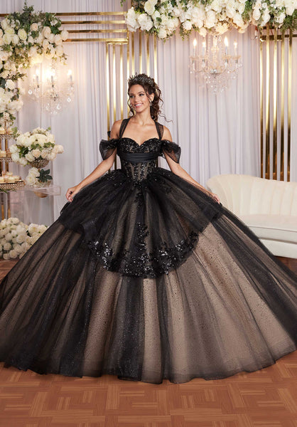Stylized Tiered Sweetheart Quinceañera Dress with Appliqués and Sheer Side Cut Outs