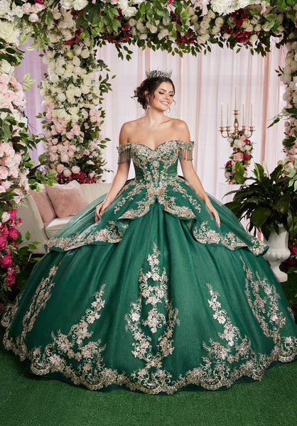 Embroidered Appliqué Sweetheart Quinceañera Dress with Sheer Sides and Fringe Sleeves