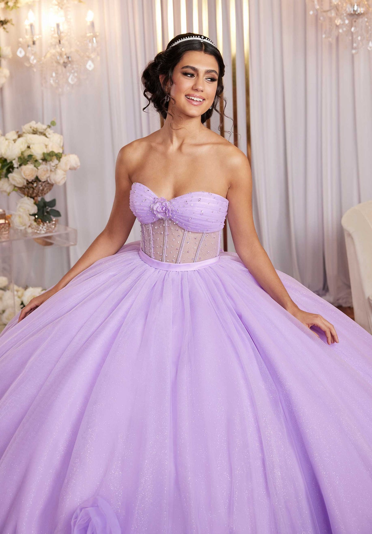 Vestido de quinceañera floral tridimensional con corsé transparente