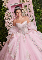 Embellished Appliqué Cat Eye Quinceañera Dress with Peplum Tiered Skirt