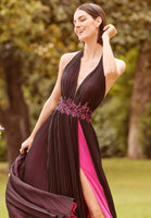Contrasting Pleated Chiffon A-Line with Appliqués