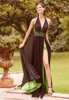 Contrasting Pleated Chiffon A-Line with Appliqués