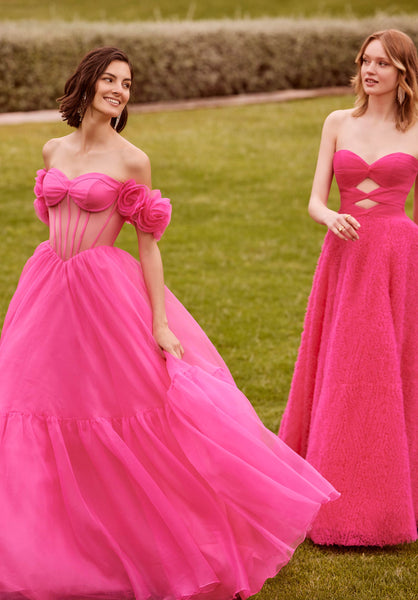 Flounced Organza Ball Gown with Rosette Sleeves