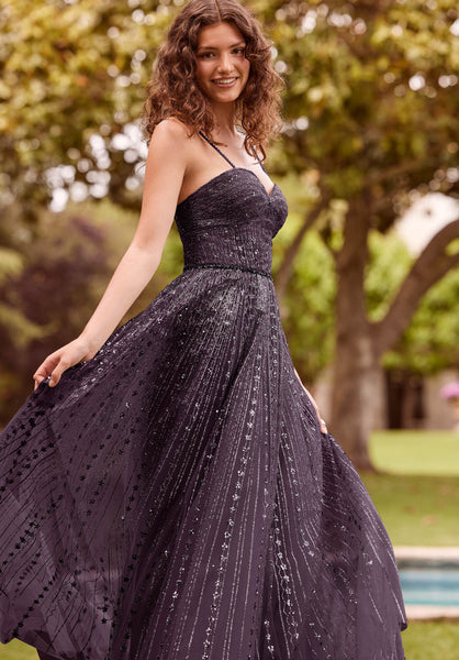 Patterned Glitter A-Line with Crystal Beading