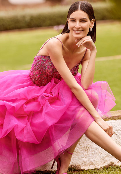 Tea Length Ruffled Gown with Crystal Beaded Glitter Embroidery