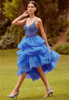 Tea Length Ruffled Gown with Crystal Beaded Glitter Embroidery