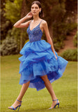 Tea Length Ruffled Gown with Crystal Beaded Glitter Embroidery