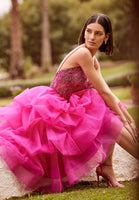 Tea Length Ruffled Gown with Crystal Beaded Glitter Embroidery