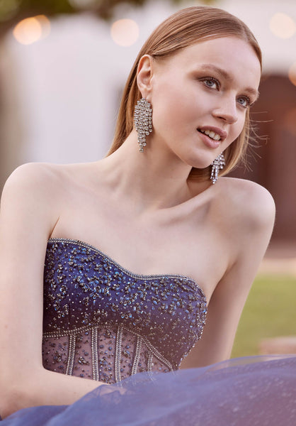 Crystal Beaded Sparkle Tulle Gown with Sheer Midriff