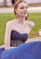 Crystal Beaded Sparkle Tulle Gown with Sheer Midriff