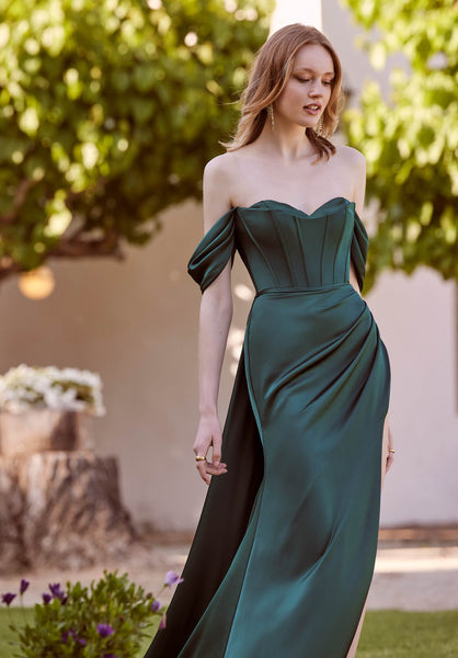 Draped Silky Satin Fit and Flare with Train
