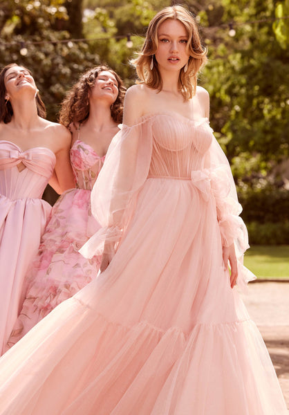 Sheer Draped Glitter Tulle Ball Gown with Floral Bow