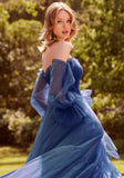 Sheer Draped Glitter Tulle Ball Gown with Floral Bow