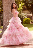 Floral Printed Tiered Tulle Ball Gown with Tied Straps
