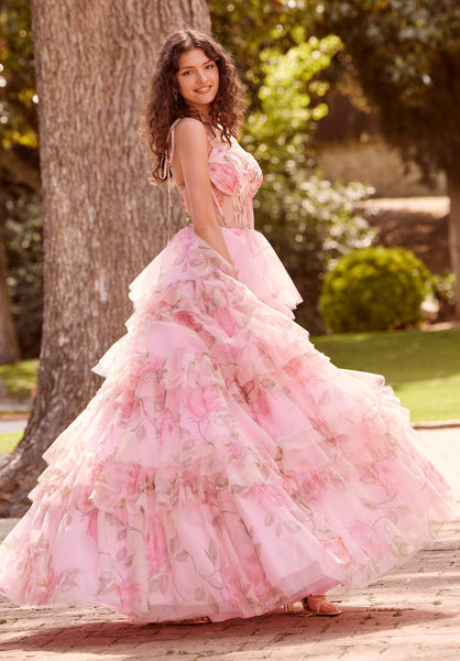 Floral Printed Tiered Tulle Ball Gown with Tied Straps
