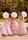Floral Printed Tiered Tulle Ball Gown with Tied Straps