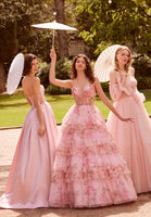 Floral Printed Tiered Tulle Ball Gown with Tied Straps