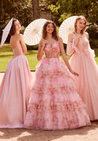 Floral Printed Tiered Tulle Ball Gown with Tied Straps