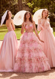 Floral Printed Tiered Tulle Ball Gown with Tied Straps