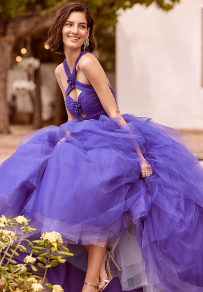 Tiered Tulle Ball Gown with Draped Keyhole Bodice