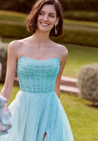 Crystal Beaded Glitter Tulle Draped A-Line