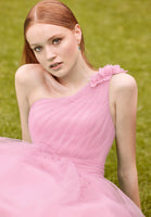 One Shoulder Tulle A-Line with Three Dimensional Flowers