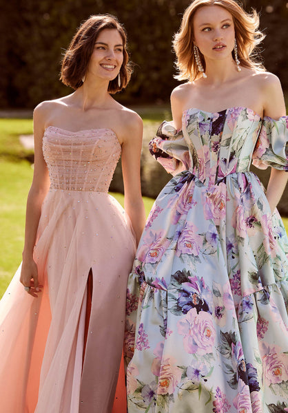 Floral Printed Larissa Satin Ball Gown with Pouf Sleeves