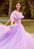 Tulle Ball Gown with Sheer Corset and Flounced Neckline