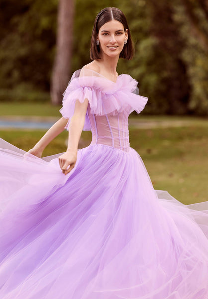 Tulle Ball Gown with Sheer Corset and Flounced Neckline