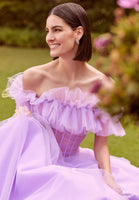Tulle Ball Gown with Sheer Corset and Flounced Neckline