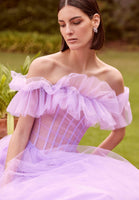 Tulle Ball Gown with Sheer Corset and Flounced Neckline