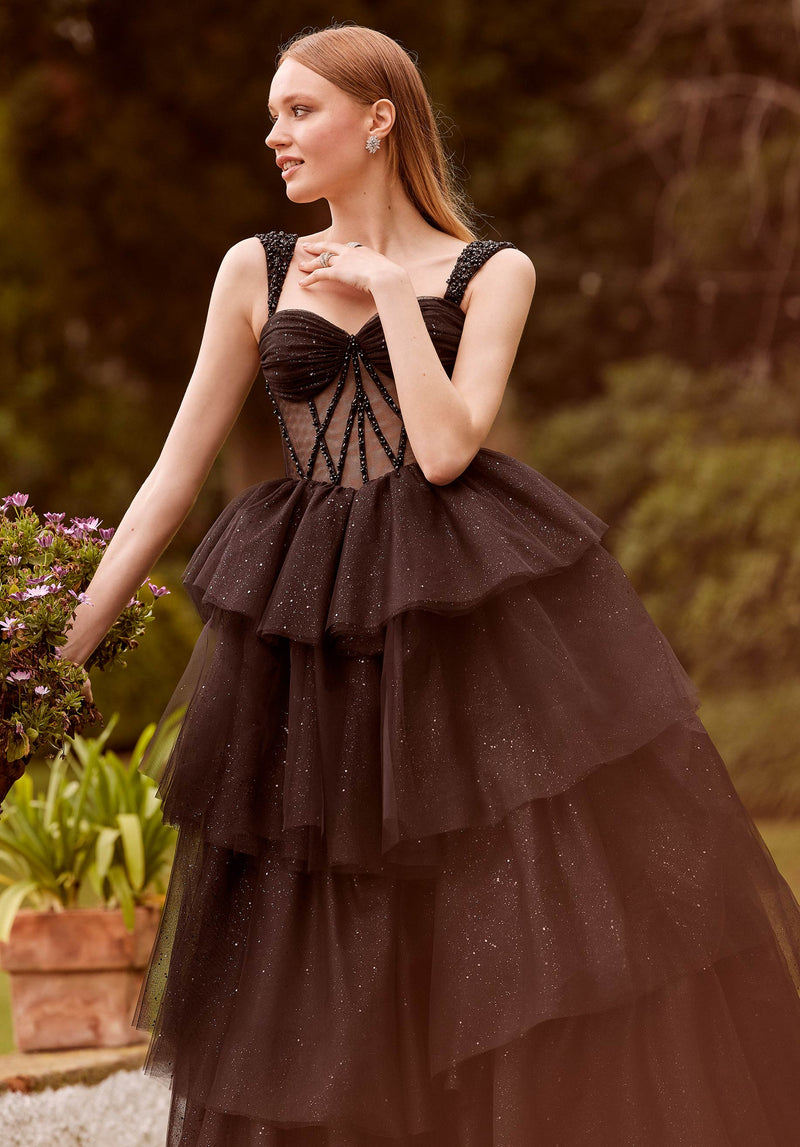 Tiered Sparkle Tulle Ball Gown with Sheer Stylized Corset