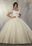 Beaded Lace Appliqués on a Tulle Ballgown with Flounced Neckline