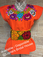 Artisanal embroidered blouse and fashion belt - Orange