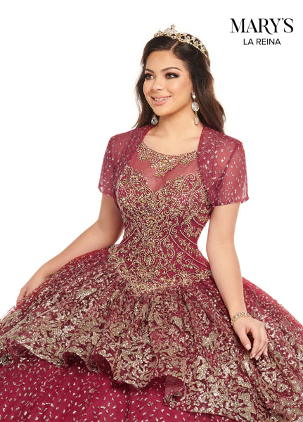 Women's off-shoulder evening gown with silver appliqués and satin maroon  skirt